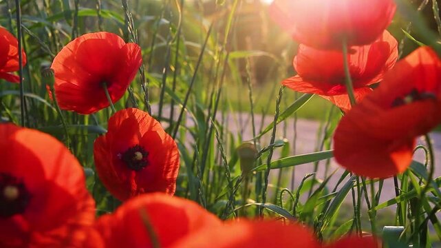 Beautiful field of red poppies in the sunset light