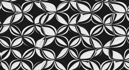 Fototapeta premium Geometric floral pattern, abstract monochrome design, tessellating shapes, optical illusion textile background, modern decorative art.