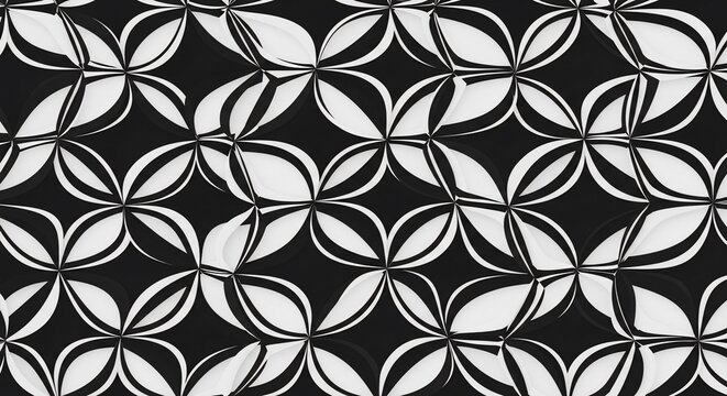 Geometric floral pattern, abstract monochrome design, tessellating shapes, optical illusion textile background, modern decorative art.