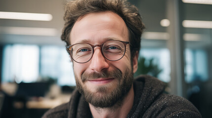 Obraz premium Smiling man with eyeglasses and beard, cheerful expression, natural portrait in office setting 