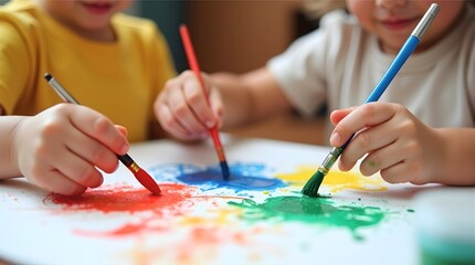 Naklejka premium Children Painting Poster Illustration Featuring Creative Activity Bright Colors Brushes Artistic Exploration Learning Expression