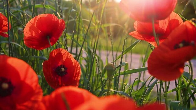 Beautiful field of red poppies in the sunset light
