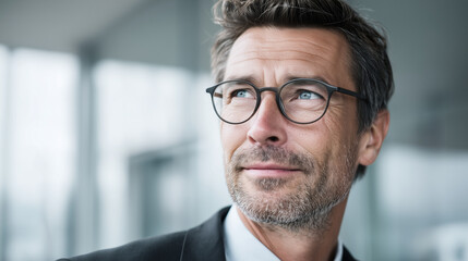 Fototapeta premium Portrait of a sophisticated man wearing glasses gazing into the distance with a thoughtful expression
