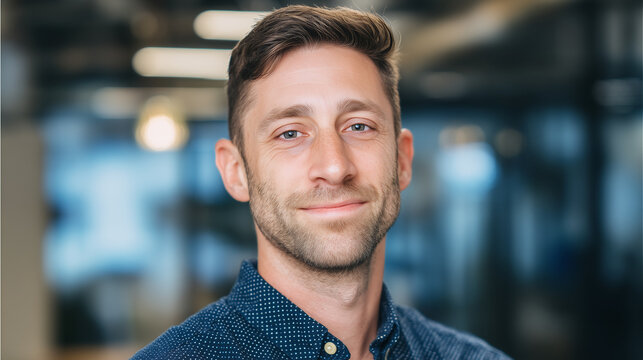 Handsome man with short dark hair in blue shirt smiles in the office 