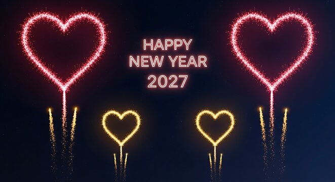 Glowing neon hearts with Happy New Year message on dark background