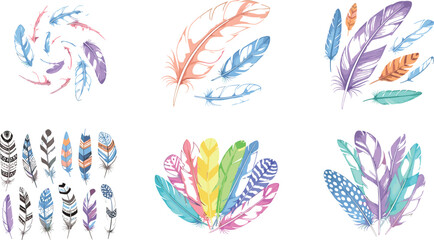 Colorful feather collection with boho style decorative elements, tribal patterns and soft pastel plumage vector illustration set © MstMukta