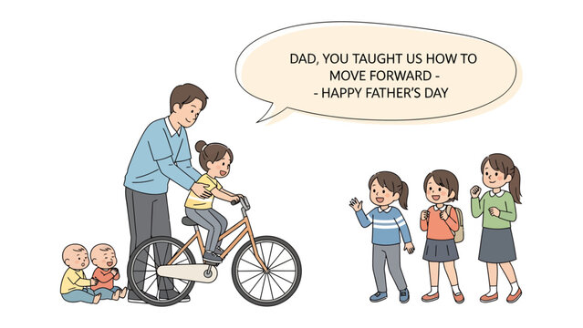 Father's Guidance: A heartfelt illustration portrays a father's unwavering support and guidance as he teaches his child to ride a bicycle. With tenderness and patience, he instills confidence.