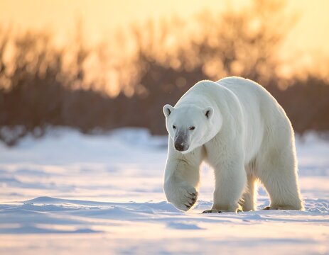 A polar bear walks through snow towards sunrise