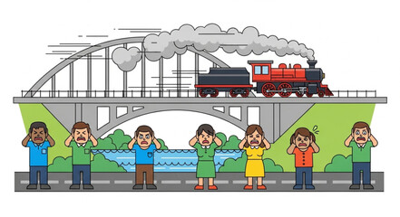 People covering eyes ears mouth on bridge with train. © Rom