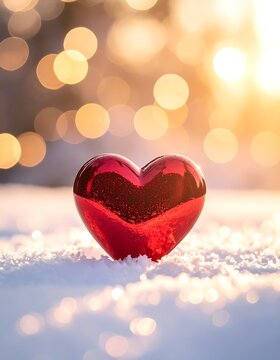 A red heart-shaped object sits in snow with bokeh lights