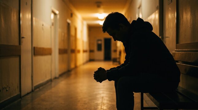 Silhouette of a man sitting alone in a dark empty hospital hallway corridor looking down in deep thought with silhouette