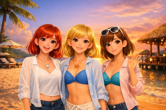 Three Women Smiling at a Tropical Sunset Resort