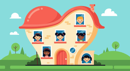 Obraz premium Heart shaped house with diverse children looking out of windows.