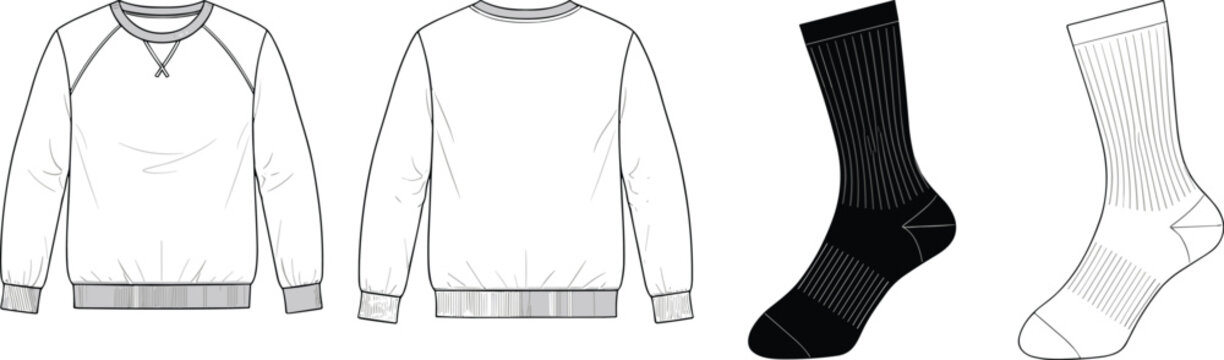 Technical cad drawing flat vector illustration of fashion raglan crewneck sweatshirt and ribbed socks set for casual apparel design