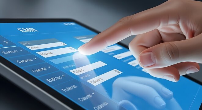 Hand Interacting With Digital Tablet Showing EMR Electronic Medical Record System For Healthcare Data Management
