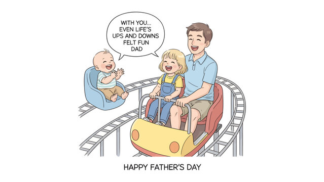 Father's Day Rollercoaster: A heartwarming illustration captures a father's playful spirit as he rides a rollercoaster with his delighted children, encapsulating the joy and fun of fatherhood.