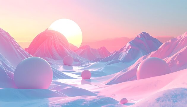 A serene pastel-colored snowy landscape with spheres and mountains