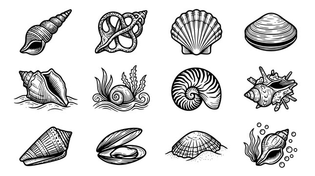 Black and white illustration of various seashell designs
