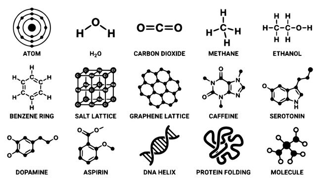 Molecular structures of various chemical compounds and elements illustrated