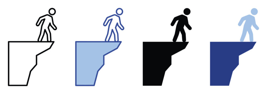 Figure on a cliff edge icon depicting danger, risk, and difficult choices for warning and business content