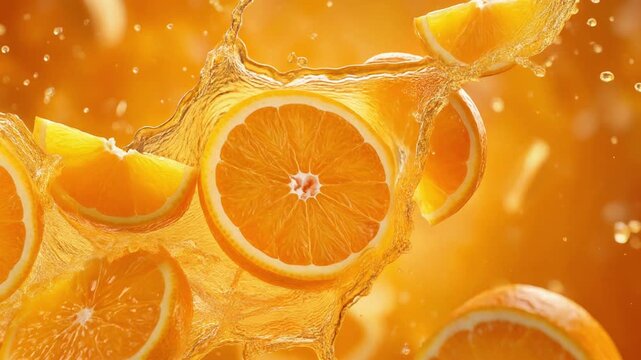 Slow motion fresh orange slices rotating in golden liquid splash, citrus juice swirl, vibrant orange background, dynamic droplets, refreshing concept