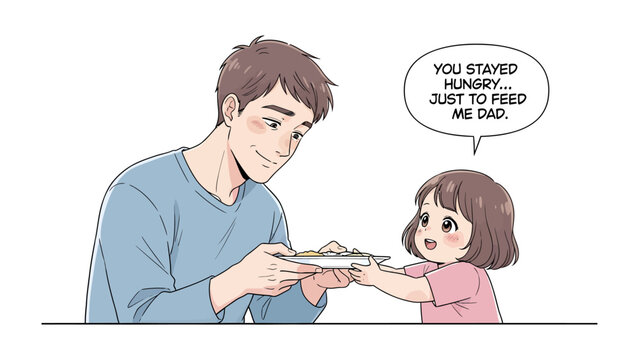 Father's Love: A touching moment captured between a father and daughter, sharing a meal. The daughter acknowledges her father's selfless act with a heartfelt gesture.