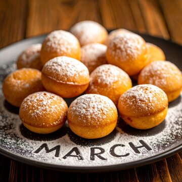 March display of small doughnut holes arranged on a dark plate with powdered sugar topping
