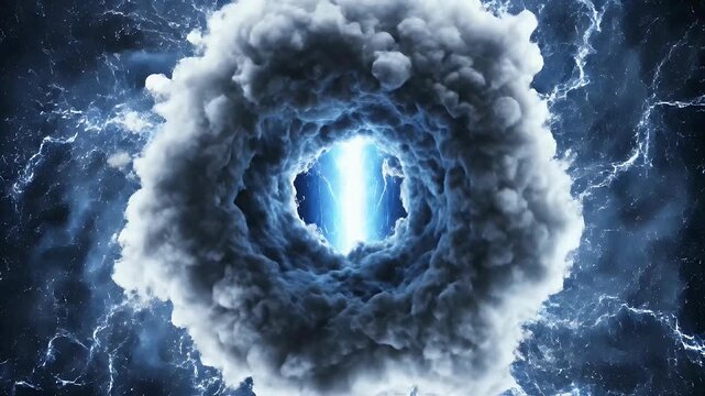 A dramatic depiction of lightning striking through a swirling cloud formation against a stark black background.