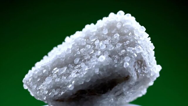 Macro view of white mineral crystal cluster with hexagonal structure on dark green background