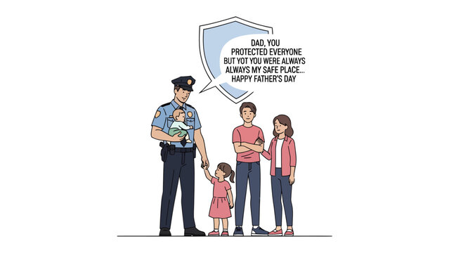 Father's Day Dedication: A touching illustration of a police officer, standing proud in his uniform, surrounded by his family with a heartwarming message.