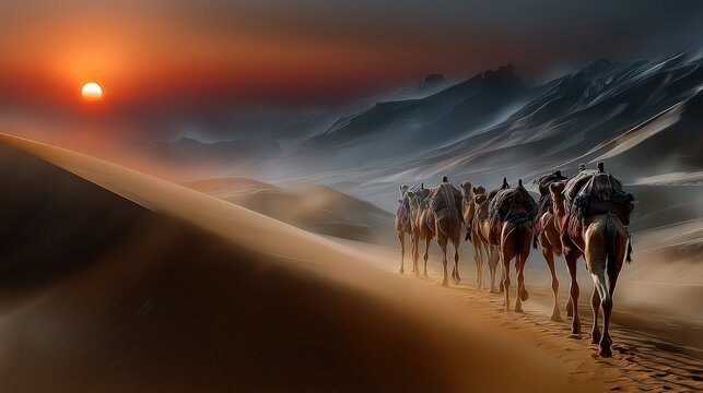 Wide angle landscape of Thar Desert at sunset with camel caravan silhouette on golden dunes under a dramatic orange sky in Rajasthan.