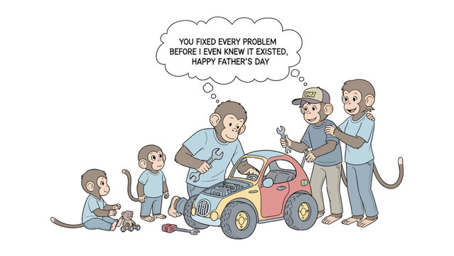 Father's Day Car Repair: A heartwarming illustration shows a group of monkeys, representing a family, coming together to fix a car. It's a symbolic scene of fatherly love and support.