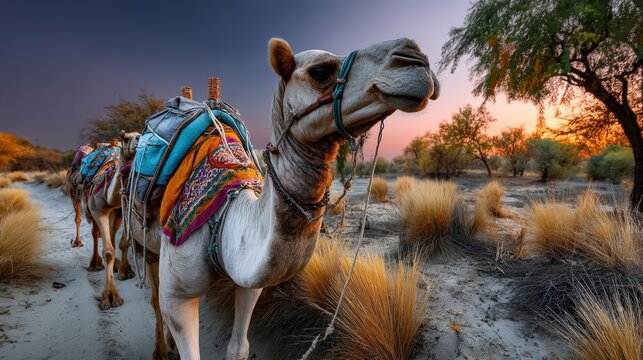 Wide angle landscape of Thar Desert at sunset with camel caravan silhouette on golden dunes under a dramatic orange sky in Rajasthan.