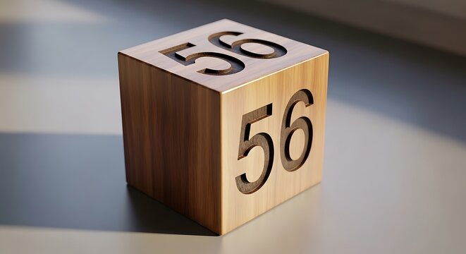 A wooden cube displaying the number 56 on multiple sides softly lit