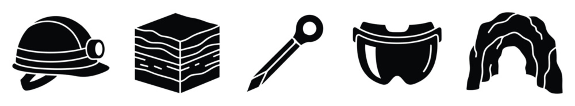 Essential mining and geological icons representing industry tools and natural formations perfect for educational and commercial design