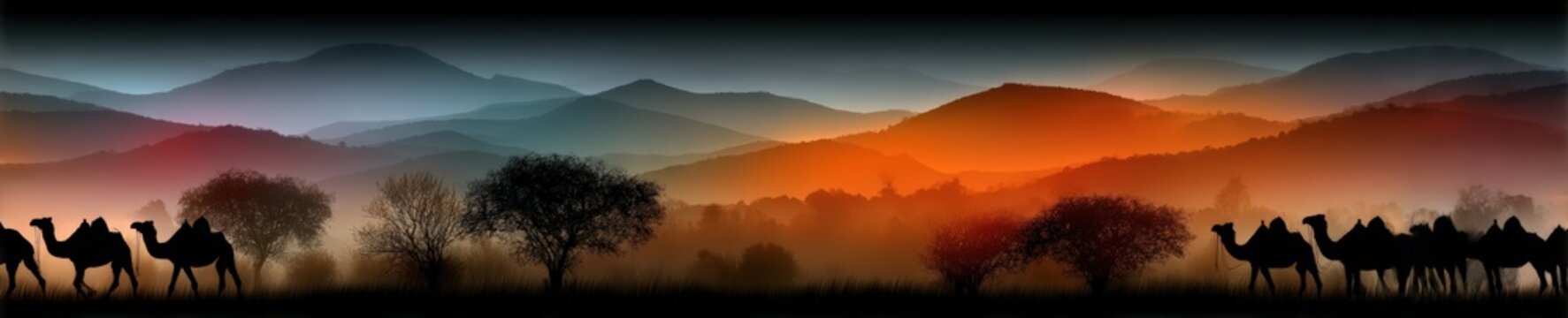 Wide angle landscape of Thar Desert at sunset with camel caravan silhouette on golden dunes under a dramatic orange sky in Rajasthan.