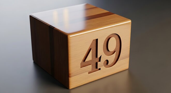 A wooden cube with the number forty nine carved into its face resting on a surface