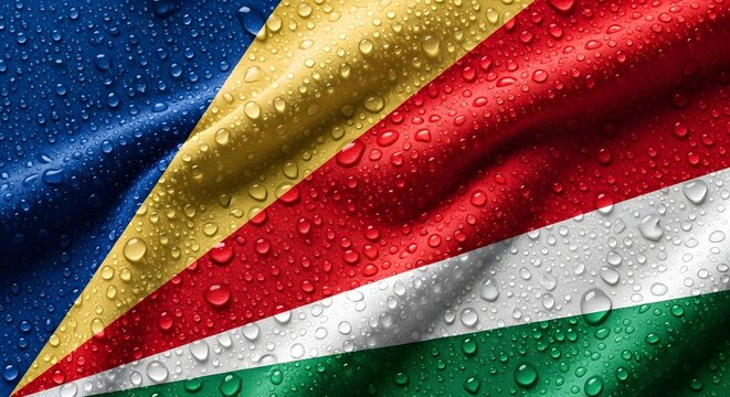 The national flag of Seychelles, featuring its distinct colors and design, covered in numerous glistening water droplets on a textured fabric surface.