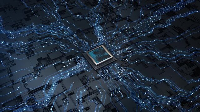 Advanced Blue Digital Chip Microchip Processor with Digital Data Stream Texture, CPU with a digital matrix . for cloud server technology, IT support services, and software programming backgrounds. 3D