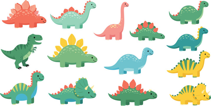 Cute dinosaur cartoon set with colorful prehistoric animals stegosaurus triceratops and brontosaurus vector illustration
