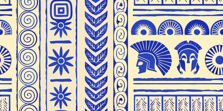 Ancient greek key pattern with helmet and geometric designs