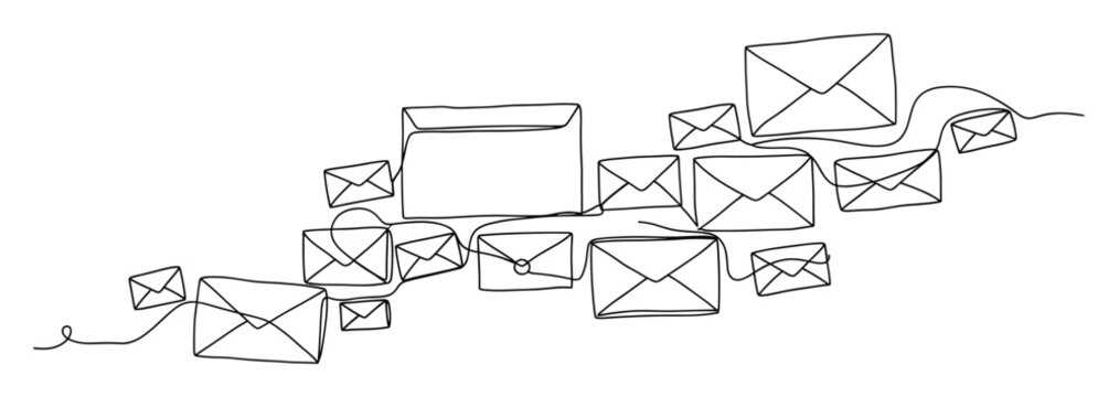 Envelopes in a continuous line drawing representing digital communication and messages for business branding