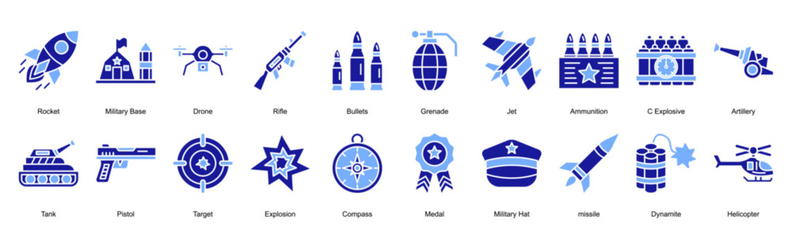War and Military icon collection set. Containing Rocket, Military Base, Drone, Rifle, Bullets, Grenade, Jet, Ammunition icon