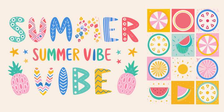 Colorful summer typography with fruit and floral design elements