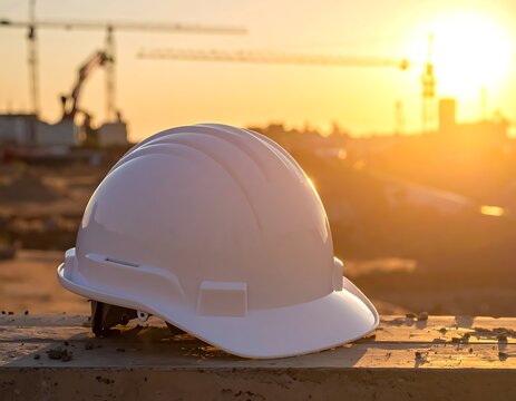 A white hard hat sitting on a concrete beam at a construction site