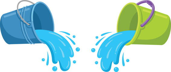 Fototapeta premium Colorful Water Buckets Pouring Splash Illustration with Blue Liquid Flow for Cleaning, Household Tasks, Gardening, Irrigation Concept, and Bright Flat Vector Design