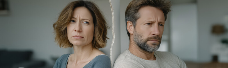 Fototapeta premium Silent Barriers: A poignant image of a couple standing back-to-back, revealing unspoken tension and emotional distance. The setting offers an intimate look at relationship struggles.