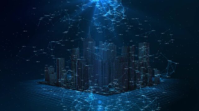 Smart city abstract dot point connect line aesthetic Intricate wave line design , big data connection technology concept . AI Powered Smart City Network With Data Connections Technology Background