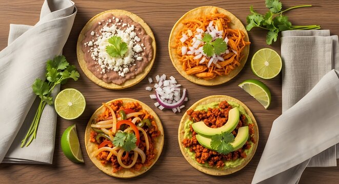 A variety of colorful mexican tacos served with fresh lime, cilantro, and avocado on a table. mexican sopes
