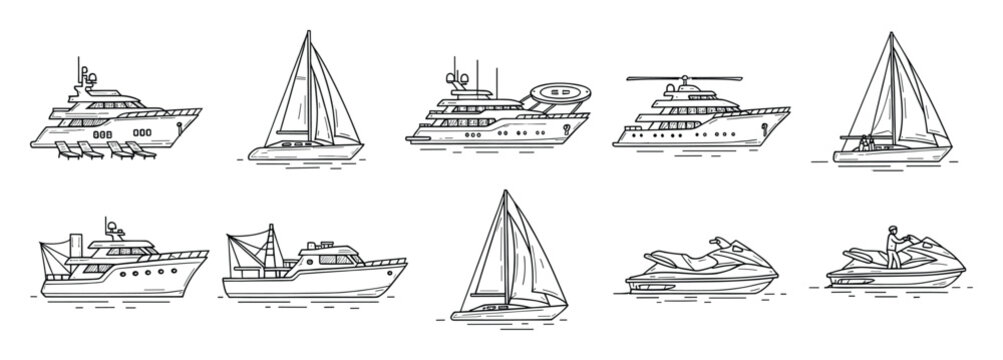 Variety of nautical vessel line drawings featuring yachts sailboats fishing boats and personal watercraft ideal for vacation and leisure concepts.